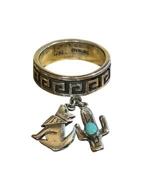 Southwest Sterling Silver Teme Ring Size 8 Engraved Band, Charms and Turquoise